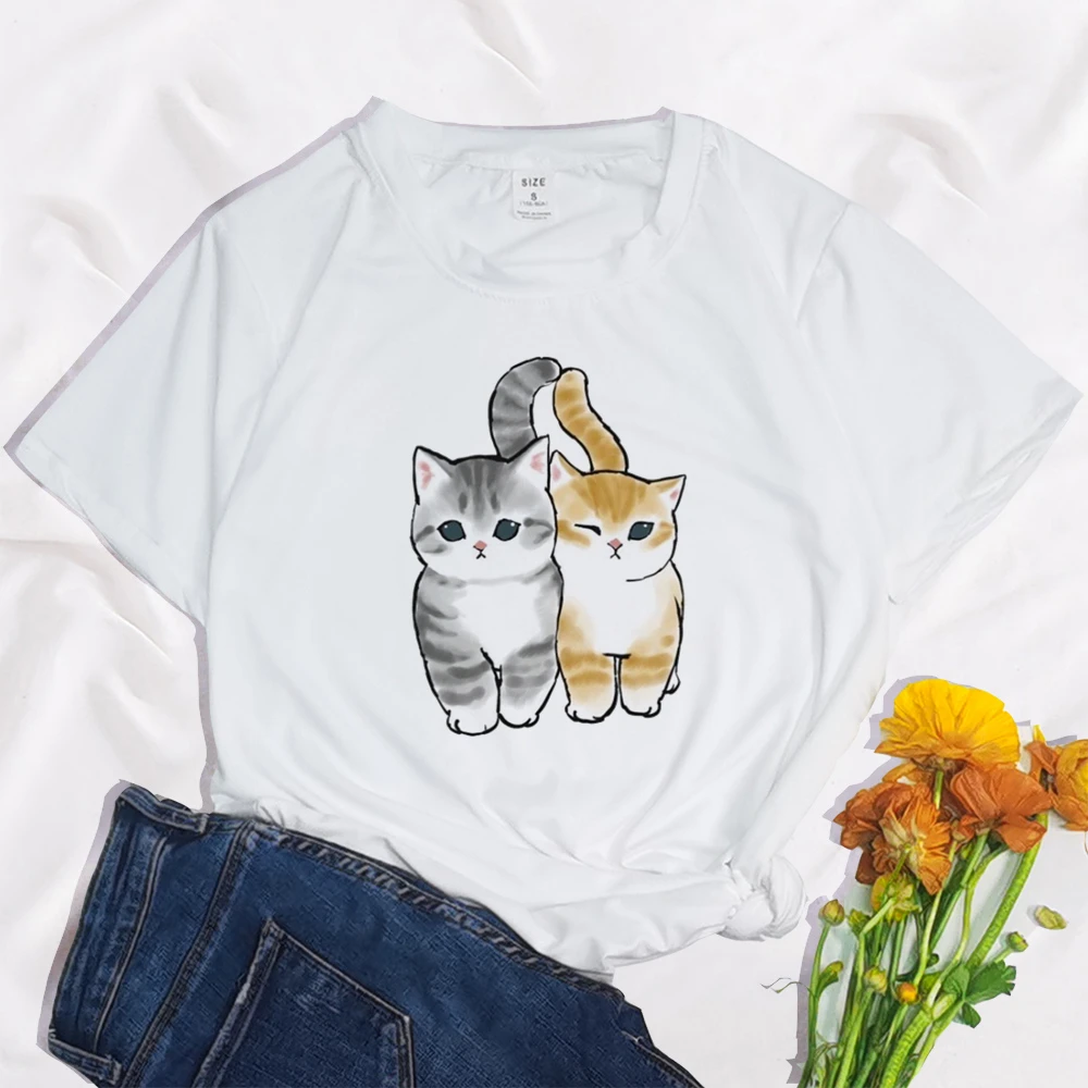 Make Fun of Duck Funny Kawaii Cat Print Clothing Women T Shirt Aesthetics Graphic White Short Sleeve Polyester Women's T Shirt