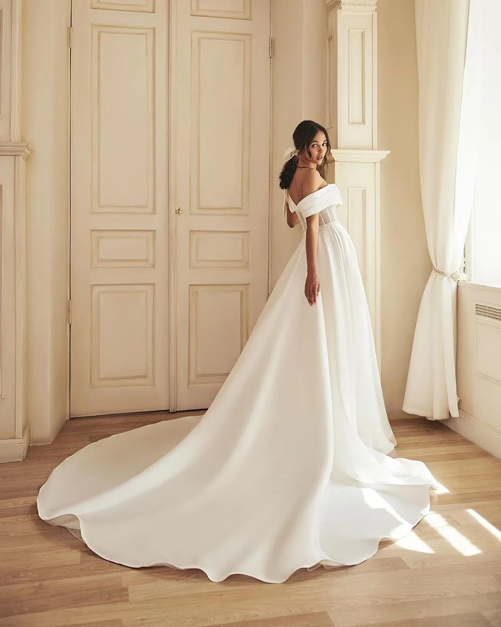SoDigne White Beading Satin Wedding Dresses With Pockets A Line 2025 Off The Shoulder Wedding Party Gown new Corset Bridal Gown Brides