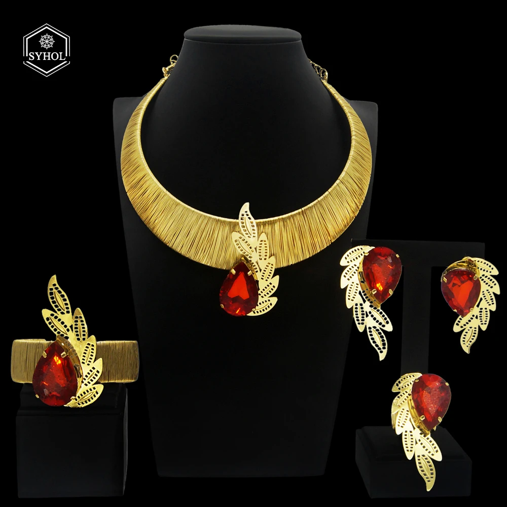 Classic Brazilian Gold Style Woman Jewelry Set Original Gold Plated 24K Necklace Luxury Ruby Pendant Earrings Bracelet SYHOL