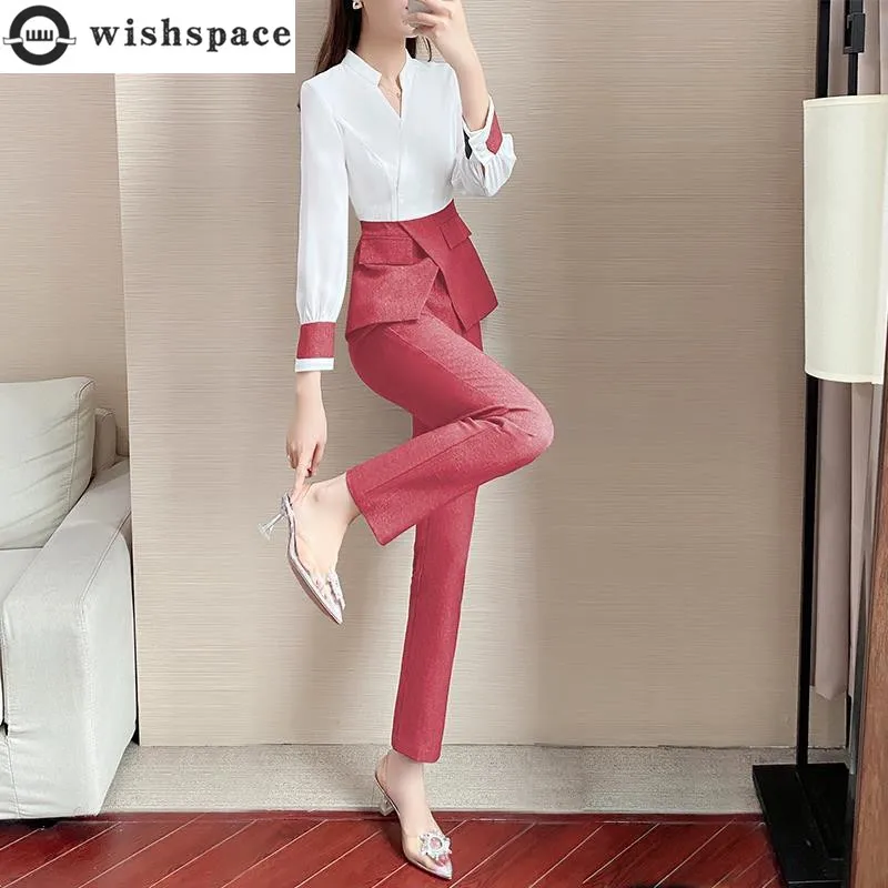 Casual Pencil Pants Two-piece Elegant Women's Pants Set Outfits 2023 Summer 2025 New Round Neck new Patchwork Pullover Thin Shirt Blouse
