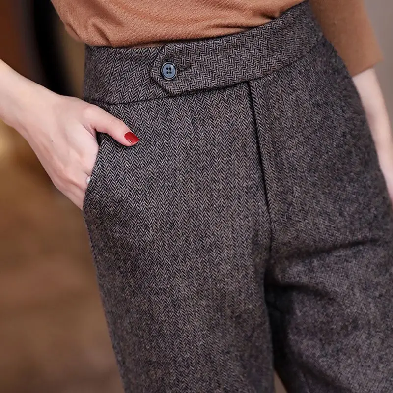 2023 Autumn Winter Women Retro Tweed Wide-leg Pants Female Loose Straight Trousers Ladies High Waist Casual Woolen Pants F66
