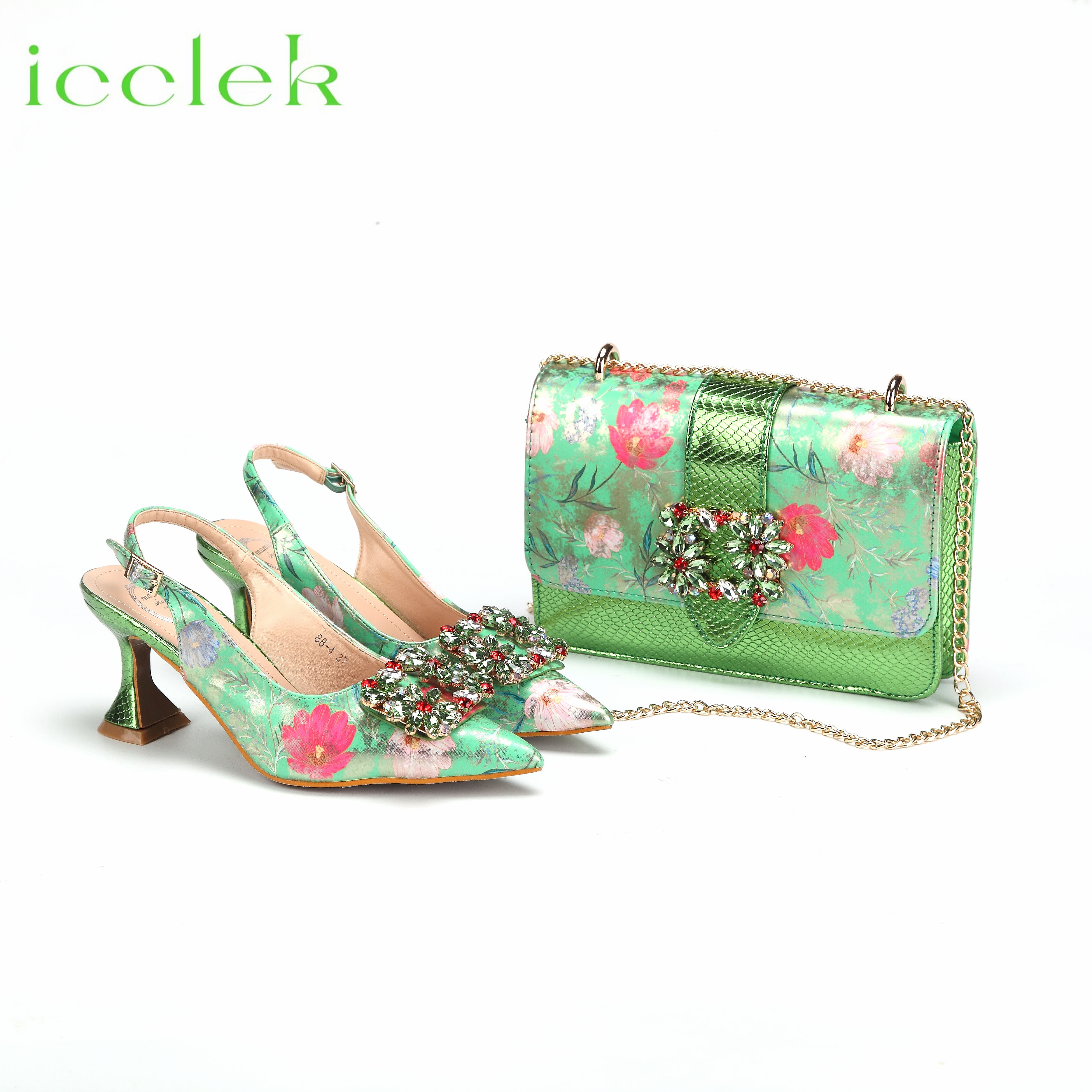 New Green Color Mature Design Pointed Toe Ladies Sandal Printing wer Material Shoes and Bag Set For Women Wedding Party
