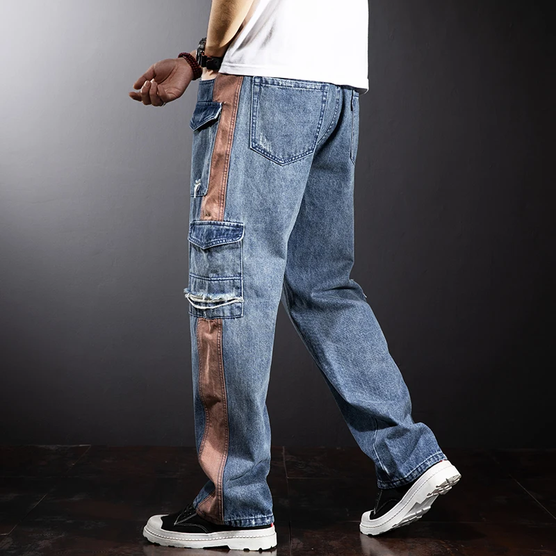 Patchwork Straight 2025 Wide Leg Denim Pant Multi Pocket Loose Cargo Jeans for Mens Baggy Men new Cowboy Trousers