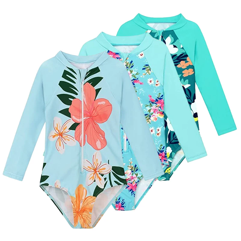 Kids Baby Girl Swimsuits Floral Print Summer Long Sleeve Jumpsuit Swimwear Beachwear Children Bathing Suits One-Piece