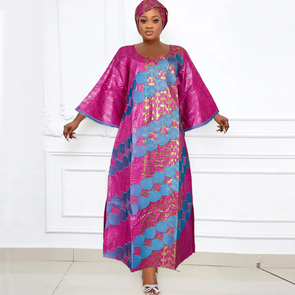 African Dresses For H&D Women Embroidery Bazin Floral Boho Dresses Ankara Rich Long Robes Nigeria Party Wedding Ramadan 2024 smile