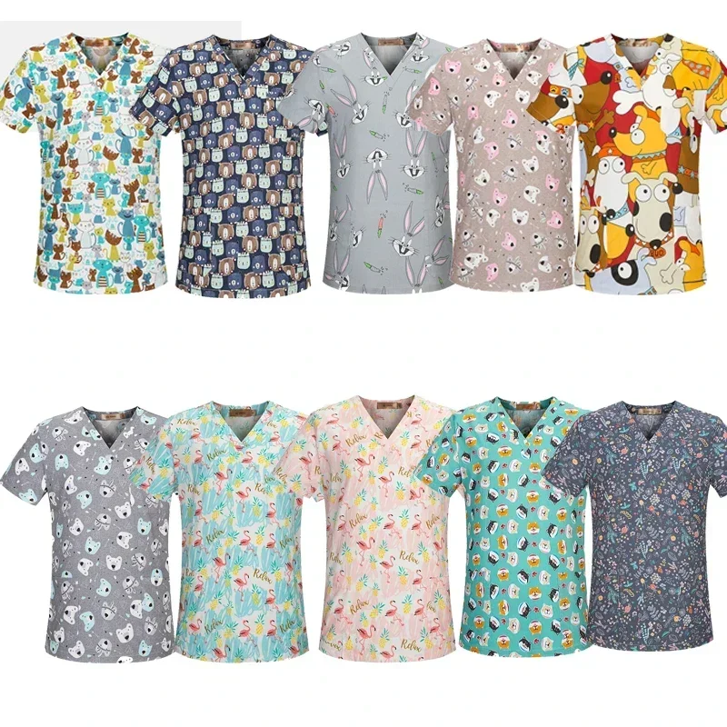 Nurse Uniforms 2025 Women Print Short Sleeve V-neck Scrubs Working Medical Blouse Overalls Uniforms Medical Nursing Spa new Pet Dentistry
