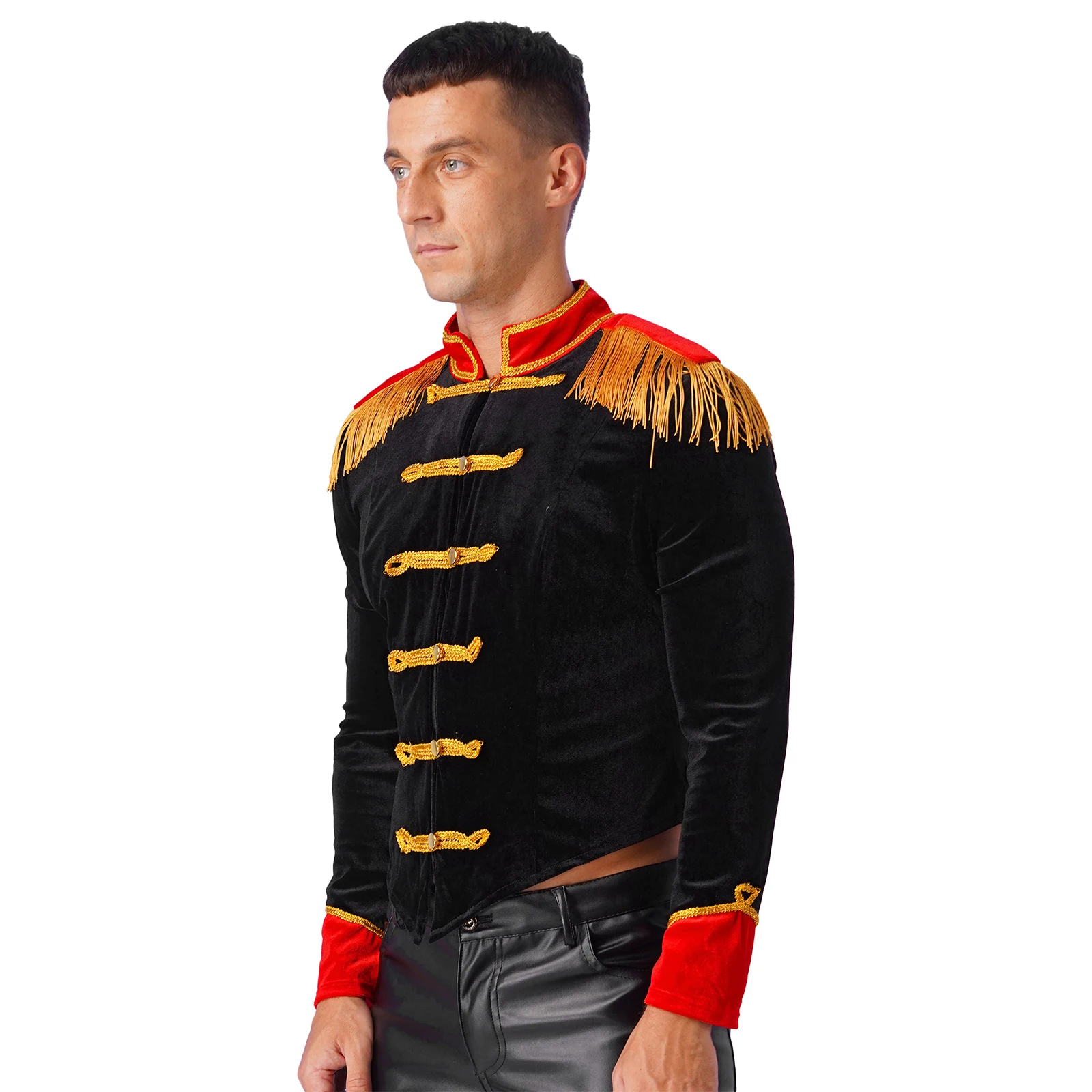 Mens Circus Ringmaster Roleplay Costume Halloween Circus Cosplay Costume Stand Collar Fringed Shoulder Board Velvet Jacket Coat