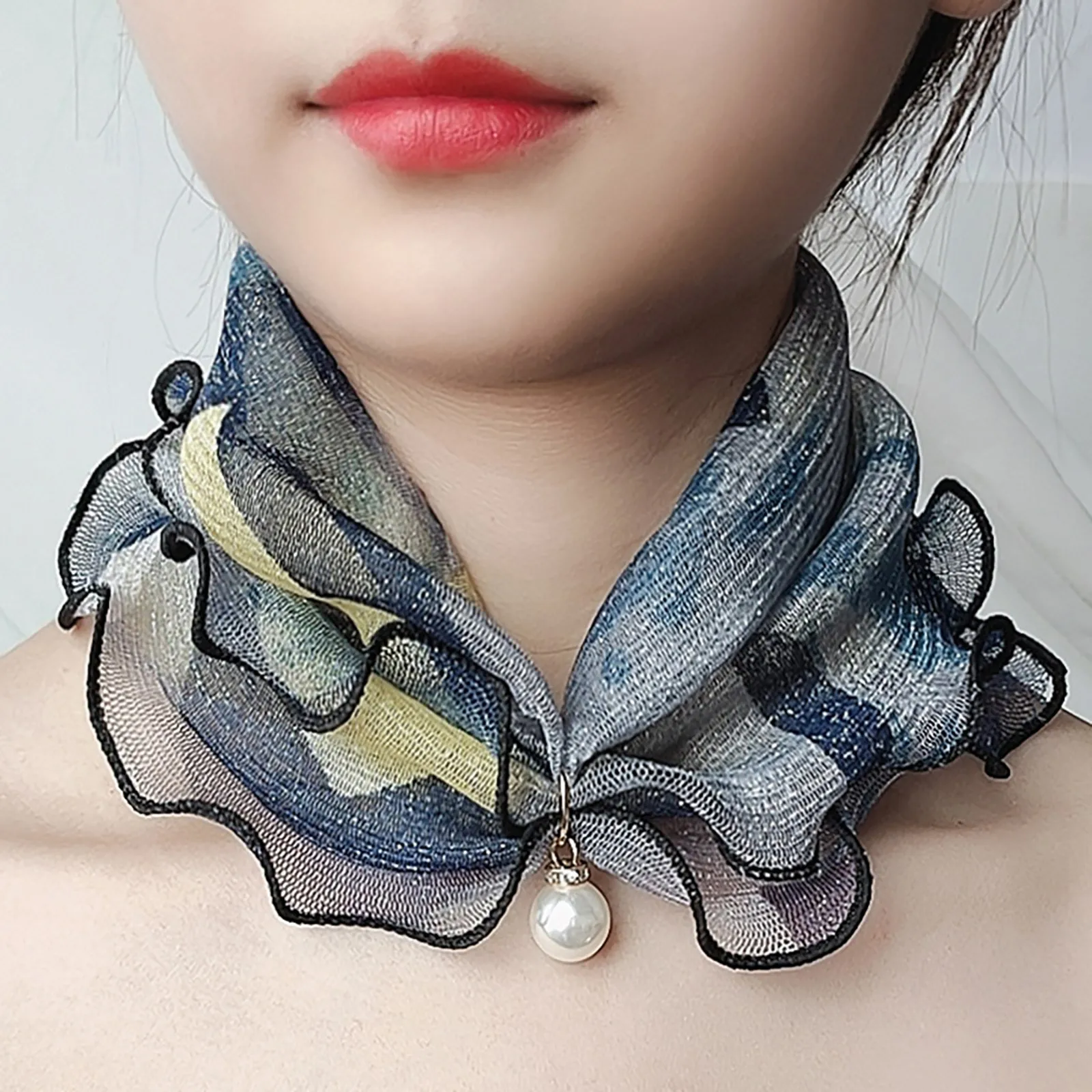 Lady Headscarf Pendant Pearl Edge Gold Silk Gold Lace Scarf Square River Scarfs High Elasticity Neck Wrap Multifunctional Scarfs