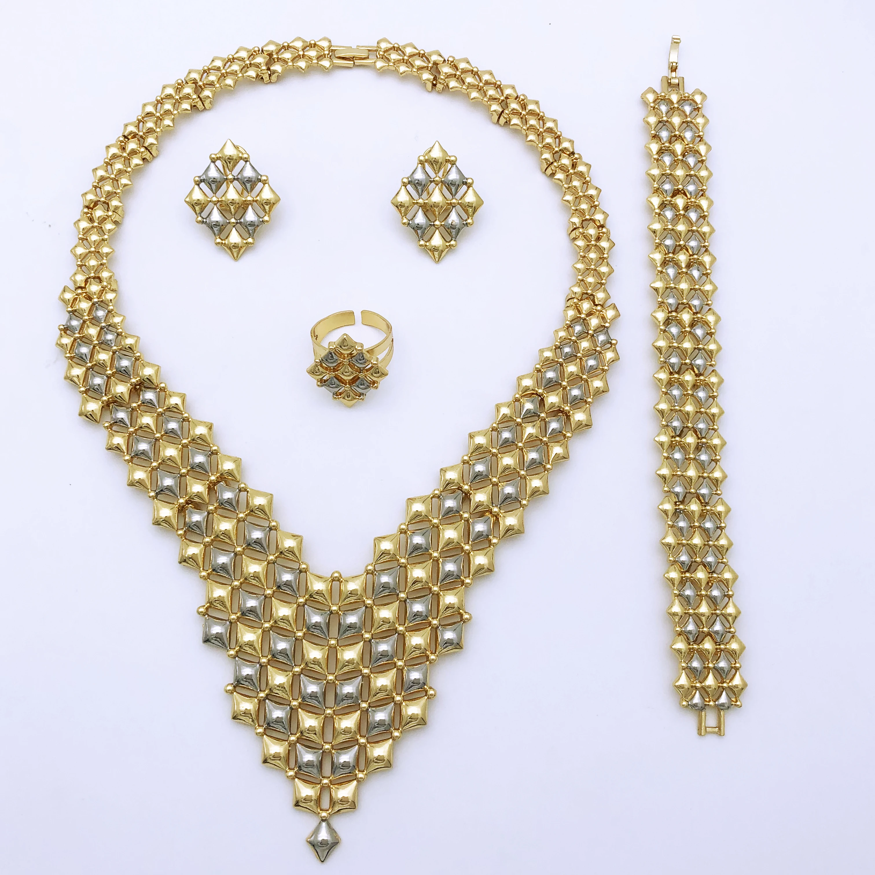 Italian Gold Plated Jewelry Sets Women Large Necklaces Earring Ring Bracelet Wedding Party Jewelry Accessories Free Shipping