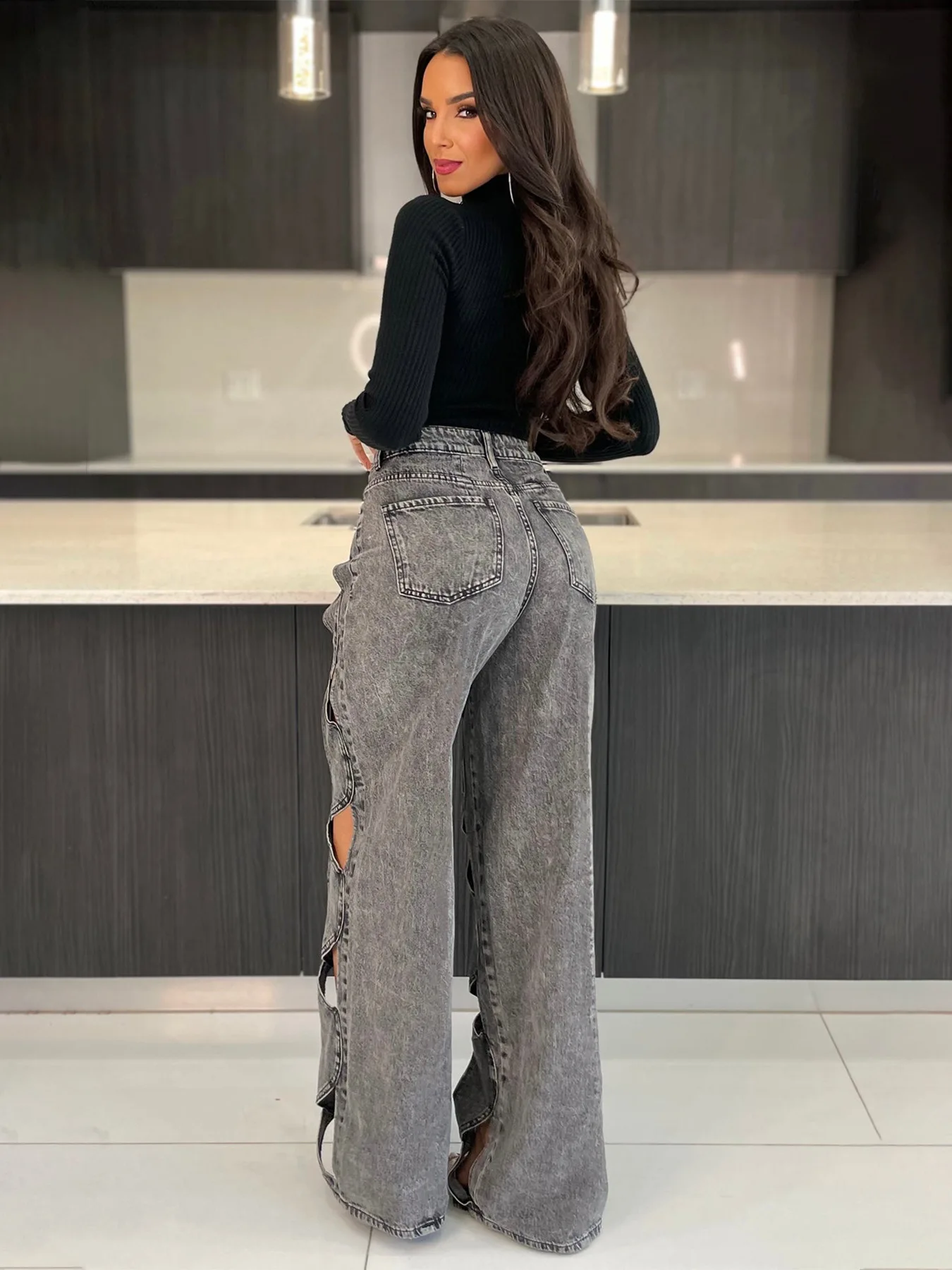 High Stretch Cross Hollow Out Loose new Denim Pants for Women Sexy High Waits 2025 Straight Jeans Trousers Streetwear Bottoms Y2K Femme