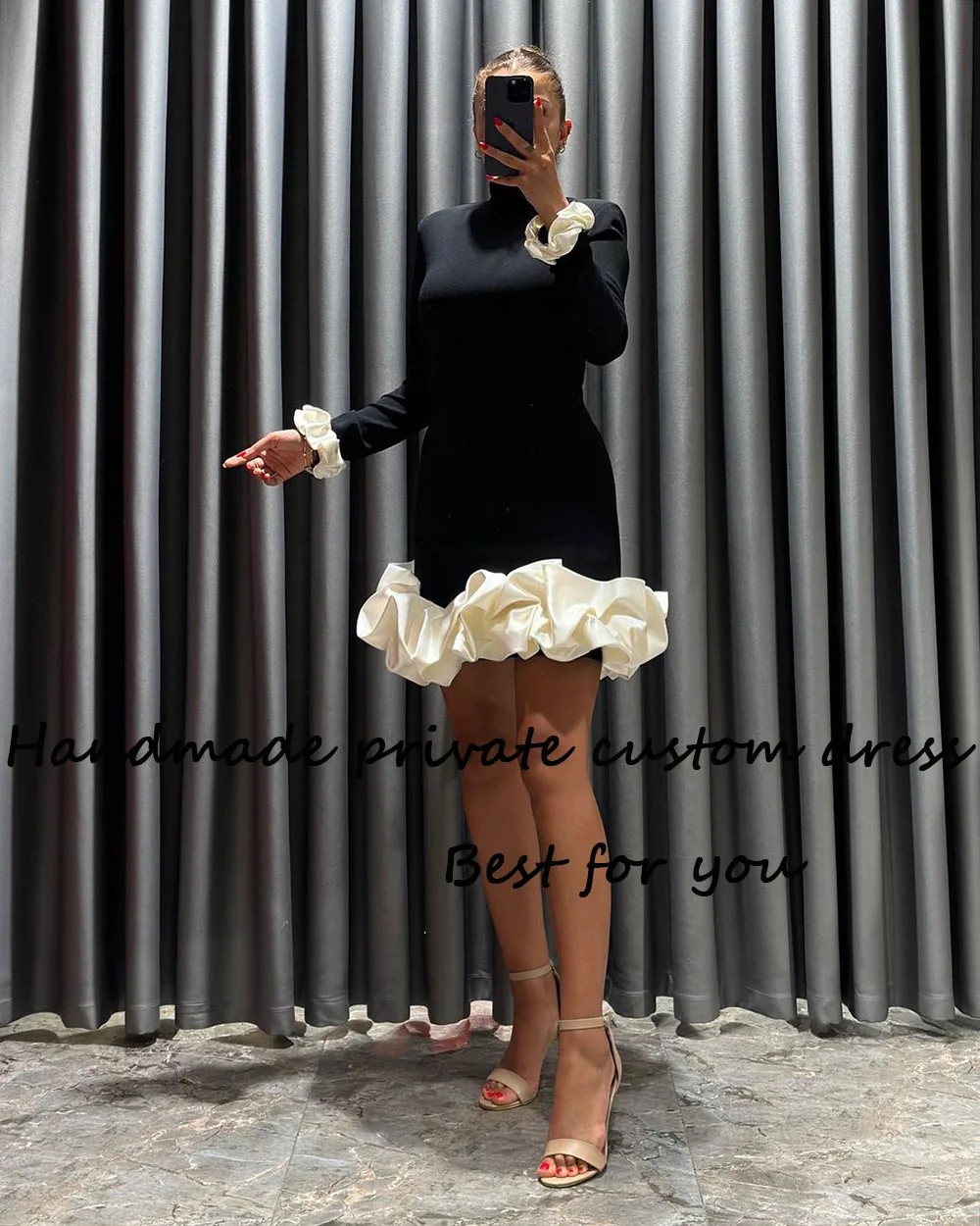 new Black White Satin Mermaid Evening Dresses Long Sleeve High Neck Arabic Dubai Formal Gowns Above 2025 Knee Prom Party Gown