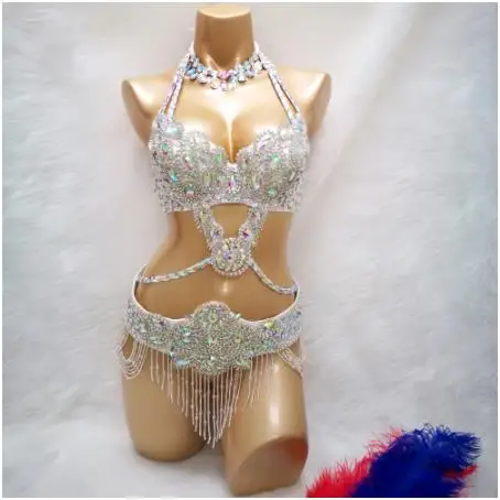 Belly Dance Costume Wear Bra+Belt+Necklace 3pc Set stage show wear Sexy Women Crystal Bellydancing Suit Bellydance Clothes