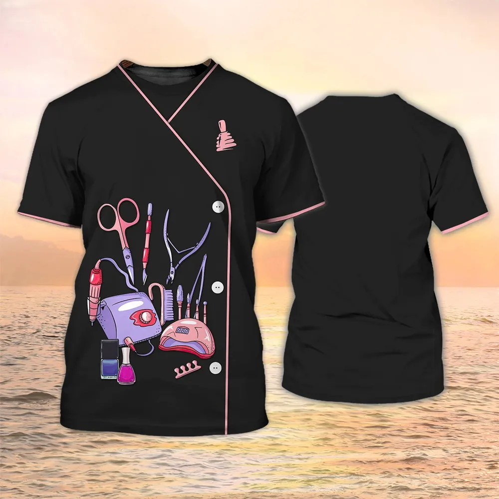 Women's manicure shirt, 3D nail polish printed T-shirt, Harajuku short sleeved shirt, summer fashion, women's casual sweater