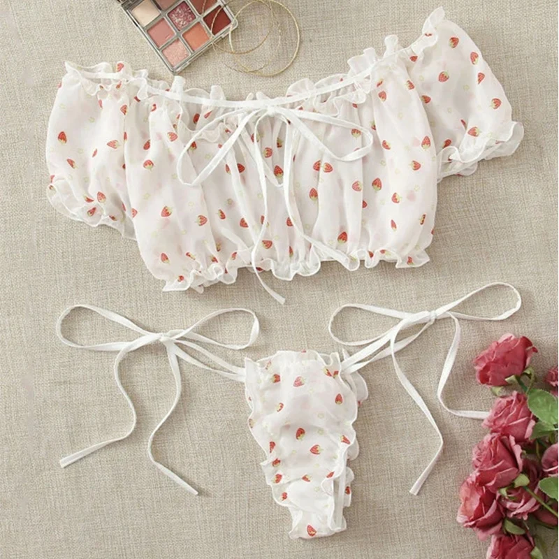 Off Shoulder Lingerie Set Kawaii Women s Underwear Cute Strawberry Print Bra Young Girl Ruffles Micro Bikini Mujer 5
