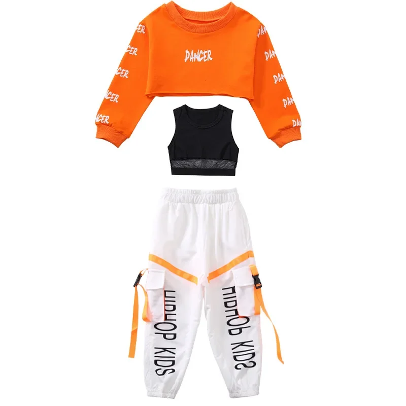 Hip Hop Girls Crop Top Contrast Cargo Pants Boys Sweatshirt Joggers Child Streetwear Clothes Sets Kids Street Dance Jazz Costume