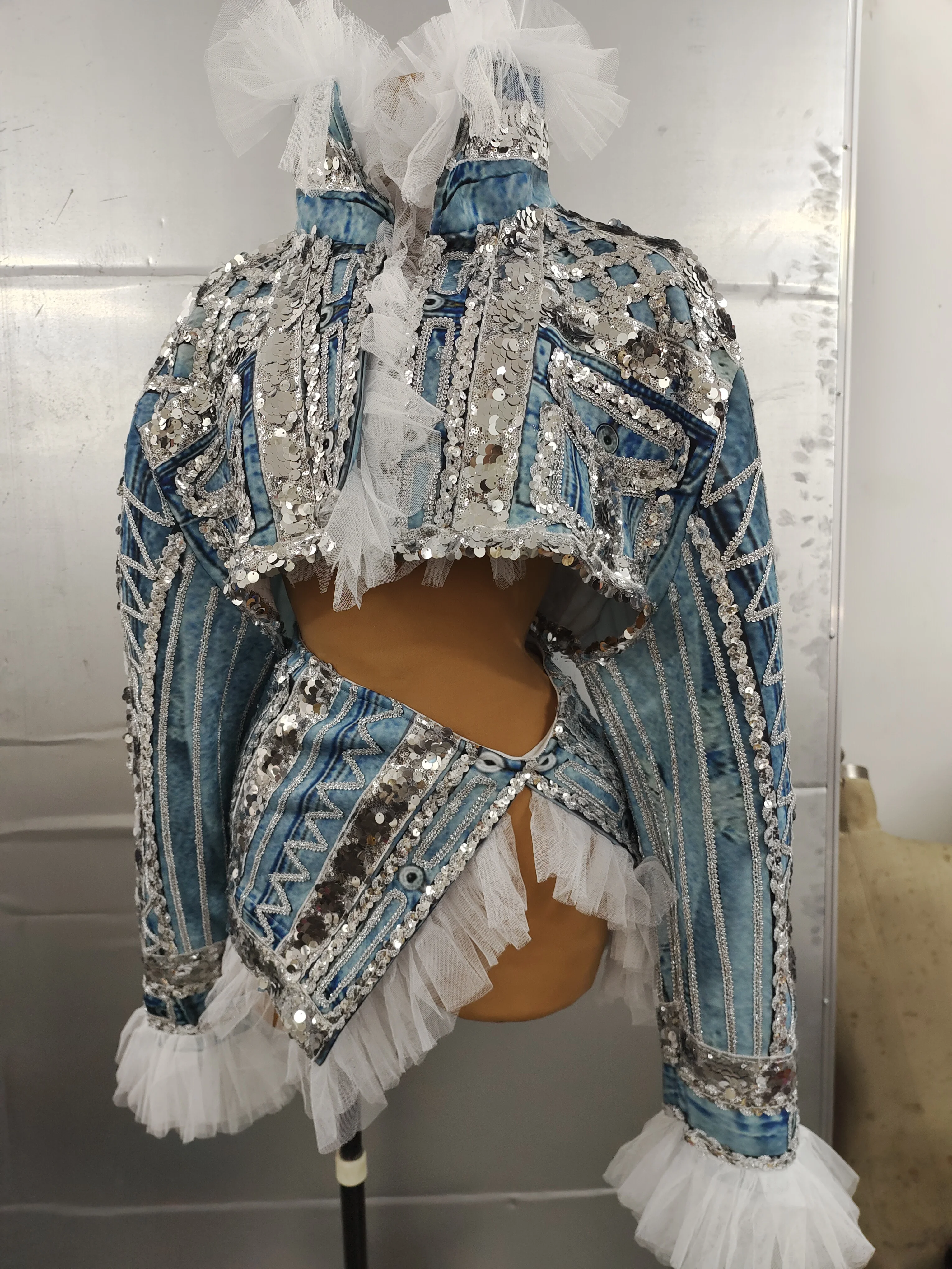 Birthday Party Dance Nightclub Singer Performance Top Skirt Sexy Stage Blue Jean Pattern 2 Pieces Set Sequins Costume Outfit