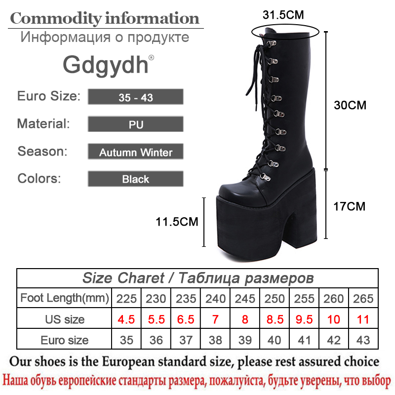 Gdgydh Large Size 43 Thick Platform Extreme High Heels 17cm Cool Motorcycles Boots Punk Style Shoelaces Knee High Boots Winter