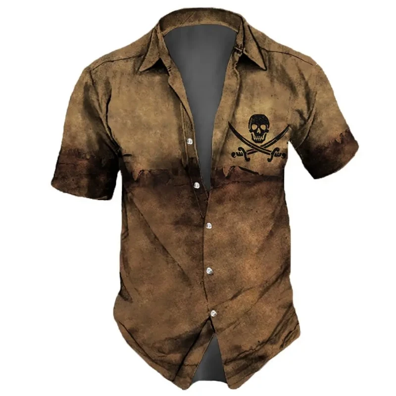 2023 Men's new Shirts Lapel Streetwear Vintage Shirt For Men Skull Hip Hop 2025 Short Sleeve Top Party Summer Casual Men Hawaiian Shirts