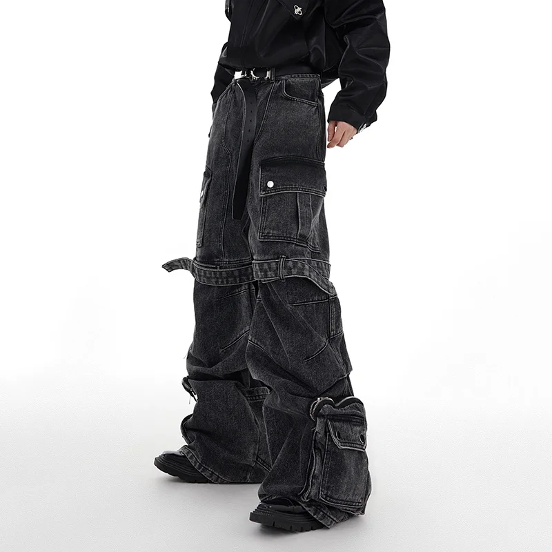 IEFB Mens's Baggy Jeans Washed Multi Pocket new Jean Overalls Strap Design 2025 Wide Leg Workwear Denim Pants 2023 New Darkwear 24X1350