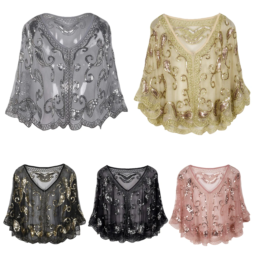 Women's 1920s Shawl Beaded Sequin Decor Lady Evening Cape Bolero Flapper Cover up Blouse Banquet Stage Formal Shawl Accessories