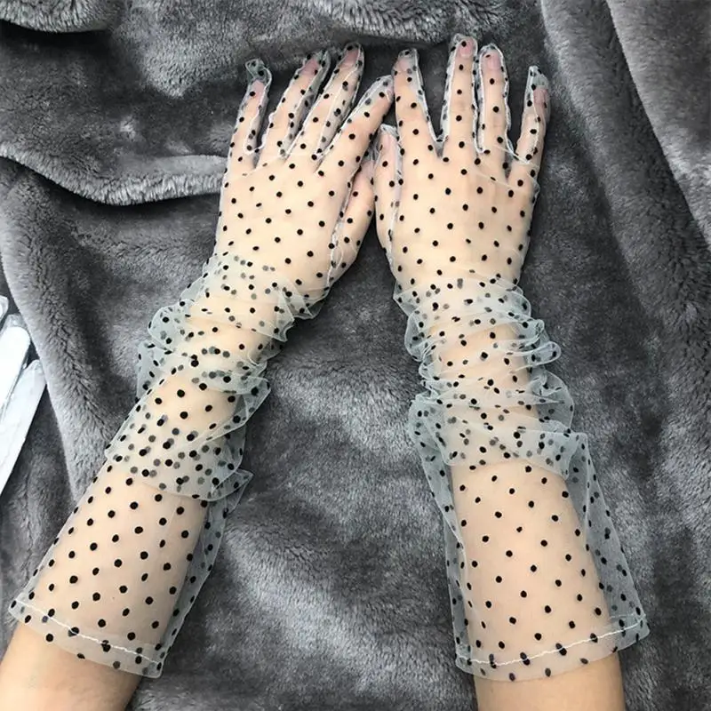 Spring Summer Women Gloves White Black Dot Weeding Gloves Elegant Lady Stretchy Sexy Lace Short Tulle Full Finger Mittens smile
