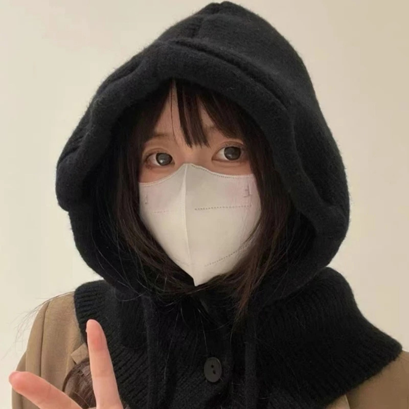 2023 Winter Balaclava Hats For Women Unisex Knitted Hooded Outdoor Warmer Drawstring Hat One-Piece Neck Collar Beanies Caps