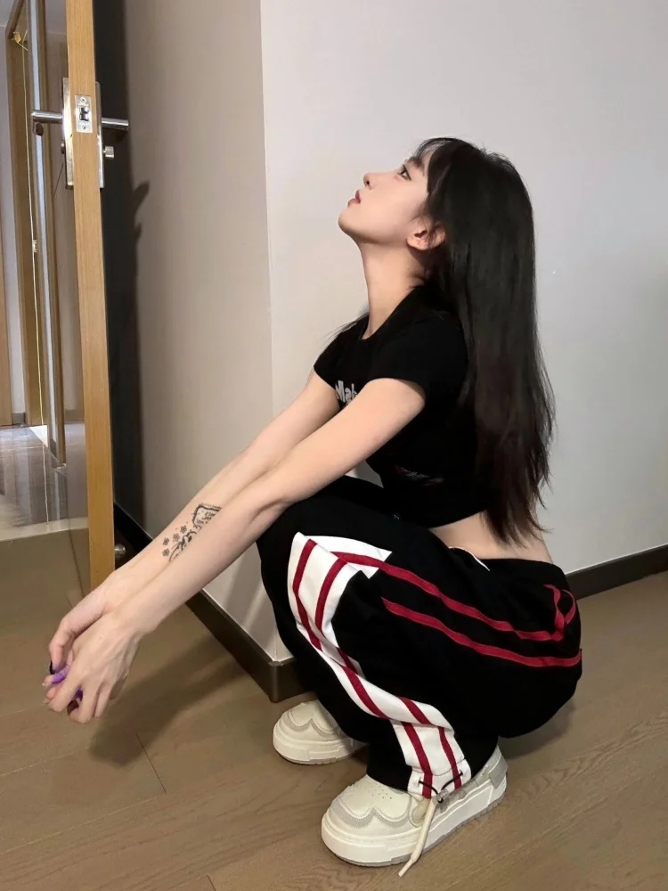 HOUZHOU Hippie Vintage Star 2025 new Baggy Pants Women Y2K Retro Streetwear Letter Embroidery Striped Sweatpants Haruku Oversize Jogger
