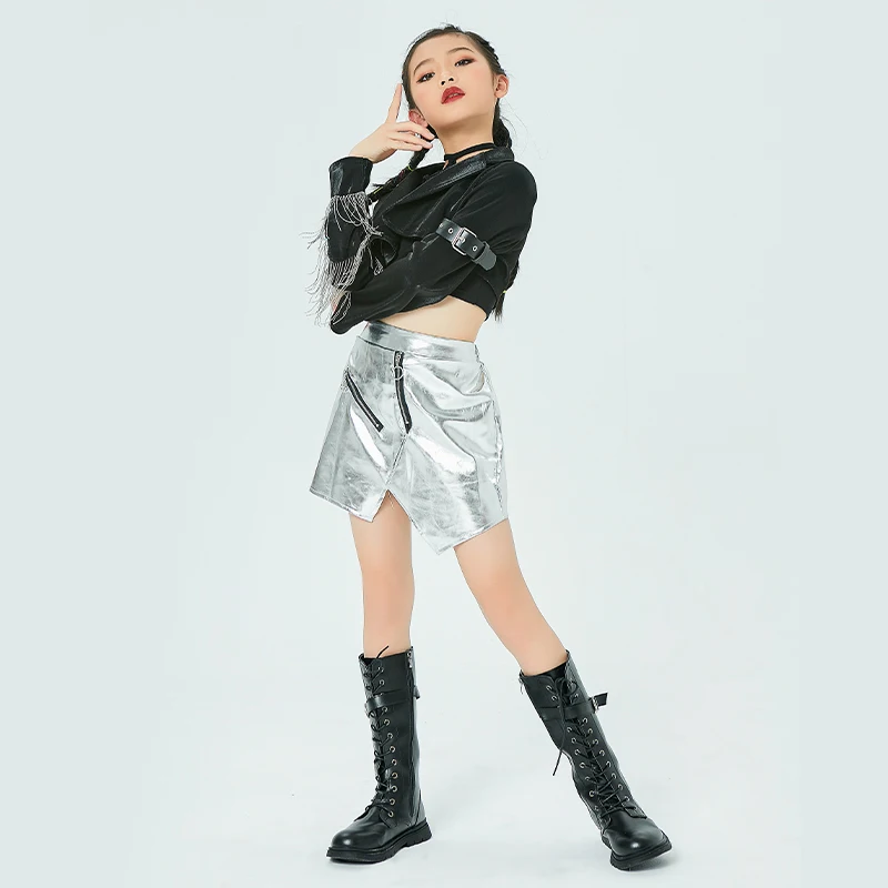 Clothing Stage Outfit Kids Modern Street Dance Wear Jazz Costume Fringe Jacket Silver Skirt Girls Hip Hop Performance