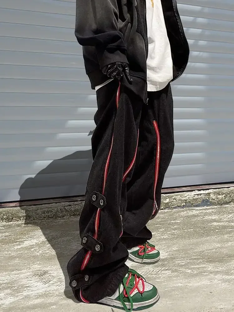 Goods Casual Haruku American Loose Punk Rock Straight Wide-Leg Pants Street Y2K Cargo Pants Retro Street Zipper Split Jeans smile