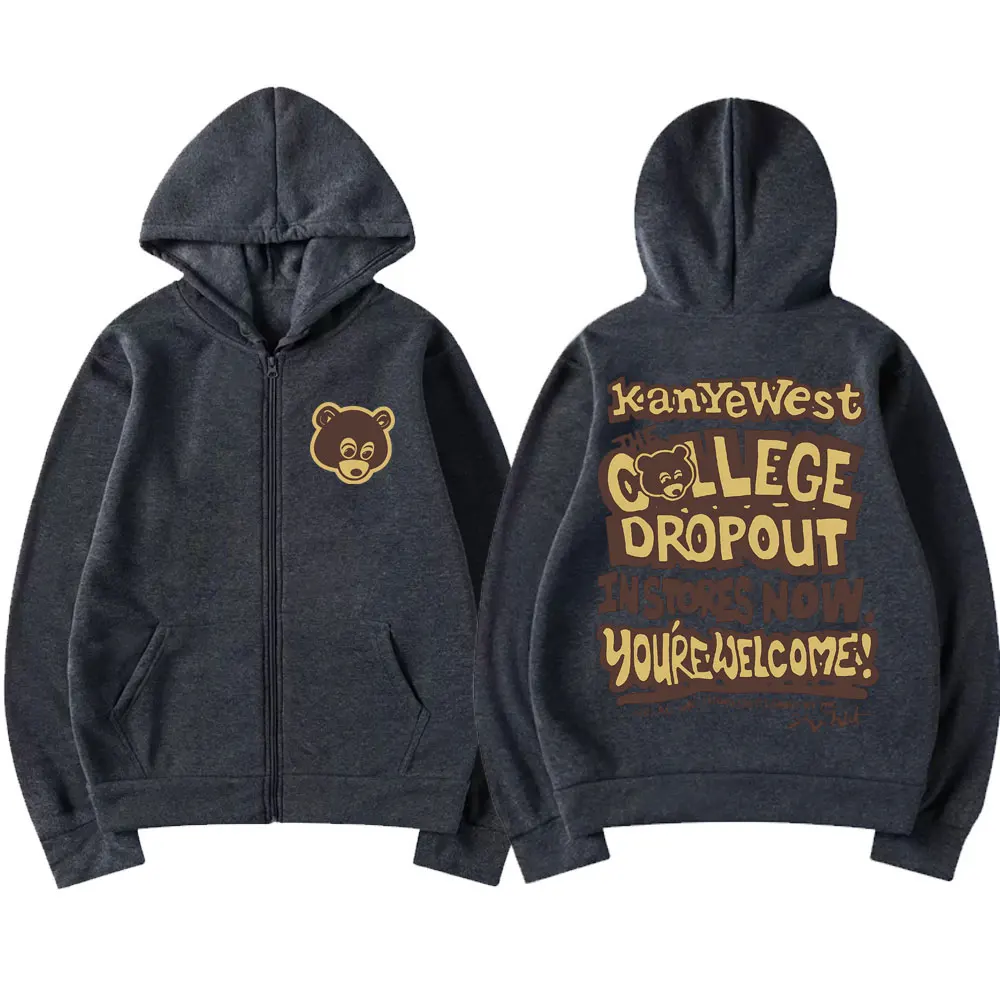Kanye West The College Dropout Graphic Zipper Hoodie Men Women Hip Hop Vintage Hoodies Male Fleece Oversized Zip Up Jacket Coat