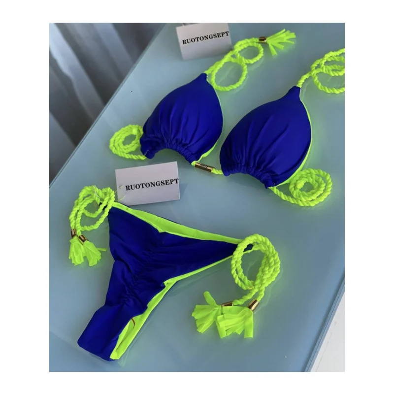Women Sexy Bikini Thong Bandage Swimsuit Push Up Bikinis Set Pink Halter Swimwear Female Summer Beach Wear 2 Pieces Bathing Suit 240327