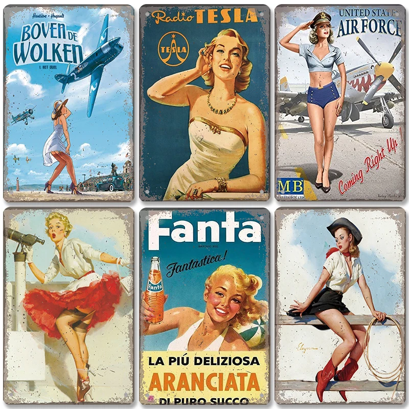 Pin Up Girls Plaque Vintage Metal Tin Signs Sexy Girl Cola Beer Airplane Metal Poster Retro Wall Art Decor for Bar Pub Club Home