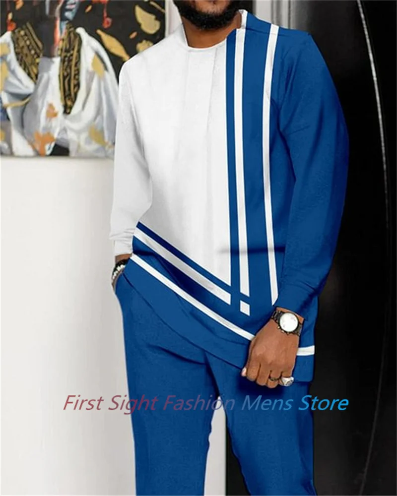 African Clothing Set for Men Tracskuit Set Casual Walking Suit Ovrersize Streetwear Long Sleeve T-Shirt Trousers Outfit 2-piece