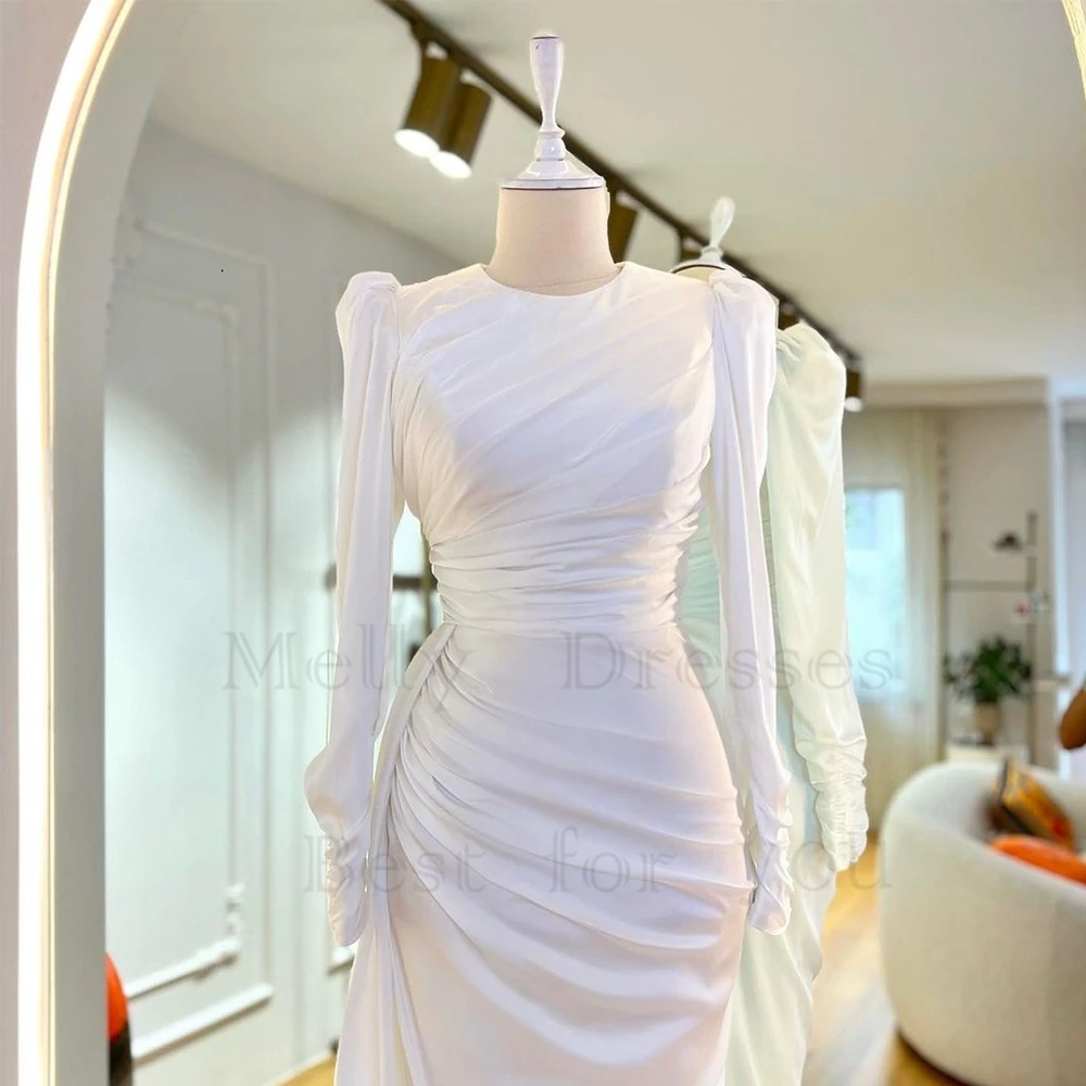 White Scoop Evening Dresses for Women Full Sleeve Satin Prom Gowns Summer New Rea Picture Vestido De Noche