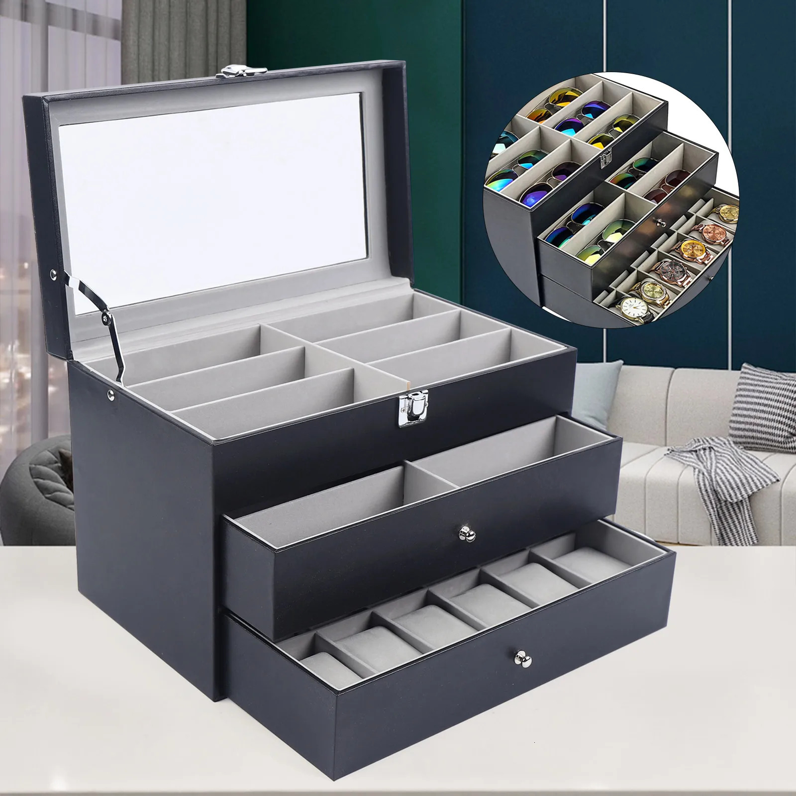 91524 Grid Jewelry Collection Storage Holder Box Leather Watch Glasses Display Case Sunglasses 240327