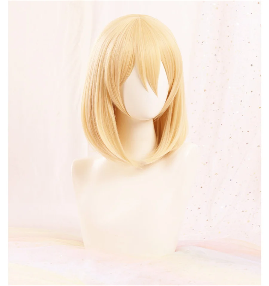 Moving Howl's Castle Anime Wizard Howl Cosplay Short Blonde Yellow Hair Wig Cosplay Ring Earring Wig Necklace + a wig cap + smile + +