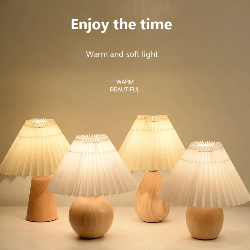 Nordic Table Lamps Bedroom LED Desk Lights Korean Wood Bedside Night Light Warm Living Room Home Japanese Pleated Table Lighting