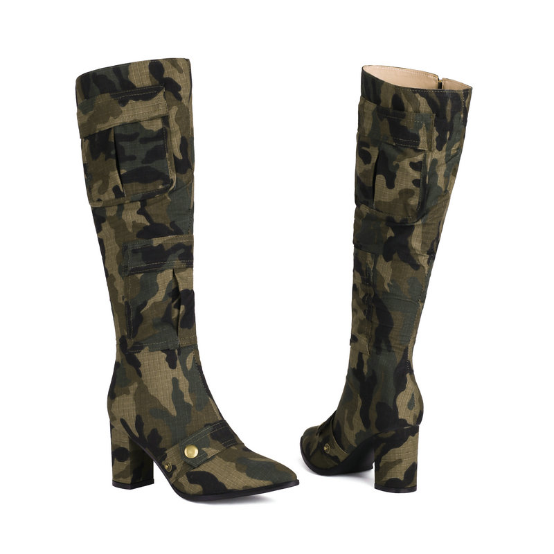 Womens Knee High Boots Pointed toe Chunky Heel Zip Thigh High Boots Camouflage Thick High Heels Autumn Winter Ladies Shoes
