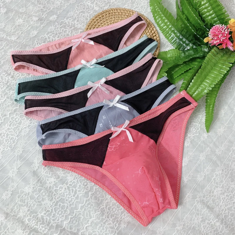 Men Sexy Briefs Sheer Bugle Pouch Underwear Panties Lace Ultra-Thin Low 2025 Rise new Jacquard Lingerie Soft Bownot Sissy Underpants