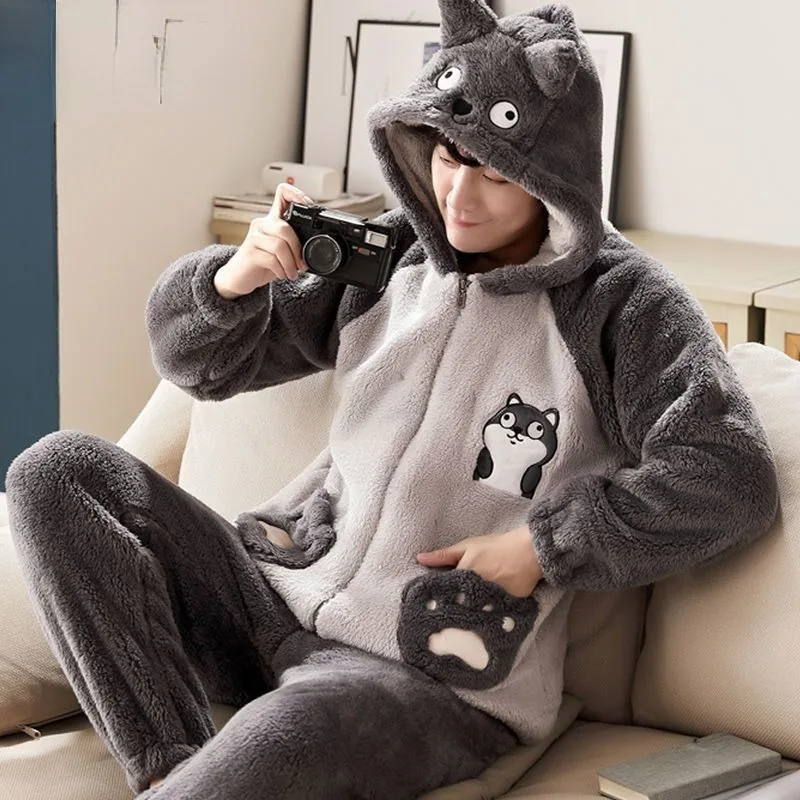 2023 New Men Pajamas Autumn Winter Coral Velvet Padded Hooded Loungewear Warm Flannel Cotton-padded Jacket Homewear Suit