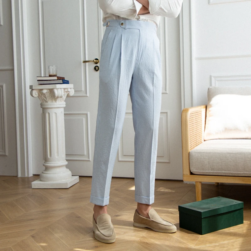 2023 Spring Seersucker High Waist Straight Pants British Petty Bourgeoisie Blue Stripe Italian Casual Trousers Men