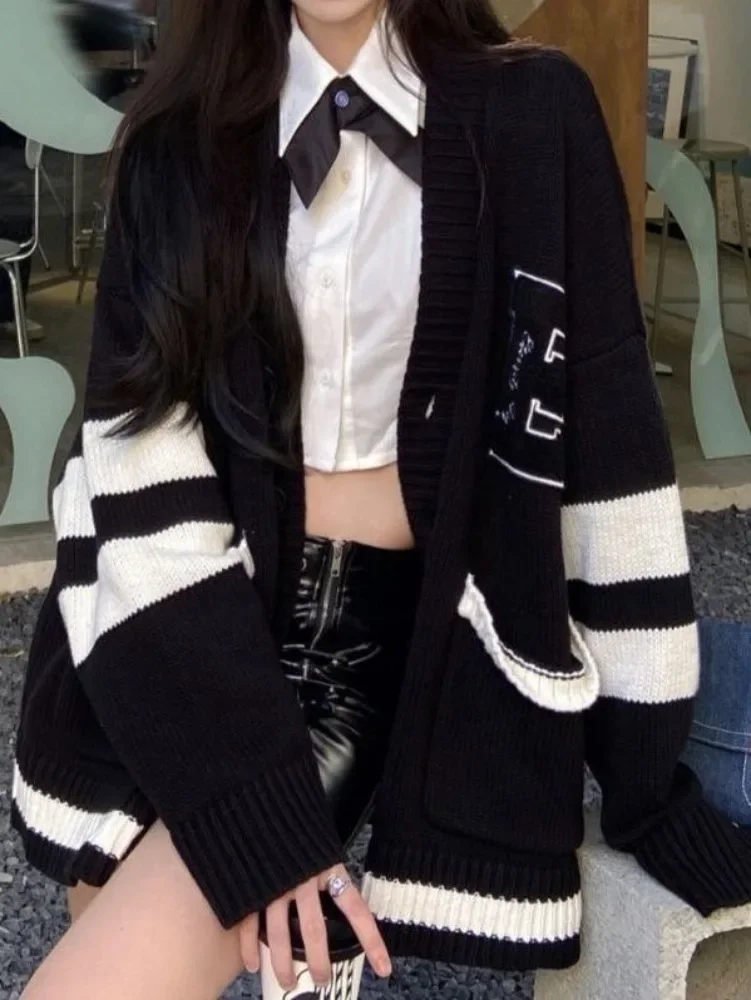 Deeptown Korean School Student Black Baggy Cardigan Women Preppy Style Oversized Loose Letter Embroidery Knitted Top 2023 Autumn