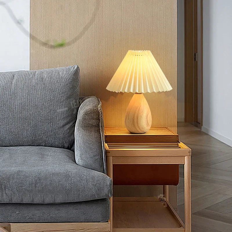 Nordic Table Lamps Bedroom LED Desk Lights Korean Wood Bedside Night Light Warm Living Room Home Japanese Pleated Table Lighting
