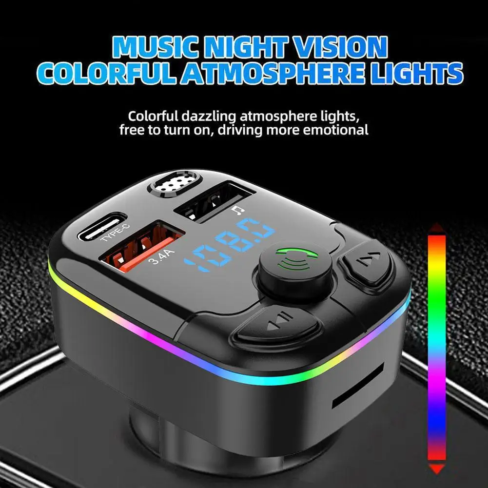 Car FM Transmitter 5.0 PD Type-C Dual USB 3.1A Fast Charger Colorful Ambient Light Handsfree MP3 Modulator Player Car BT Player