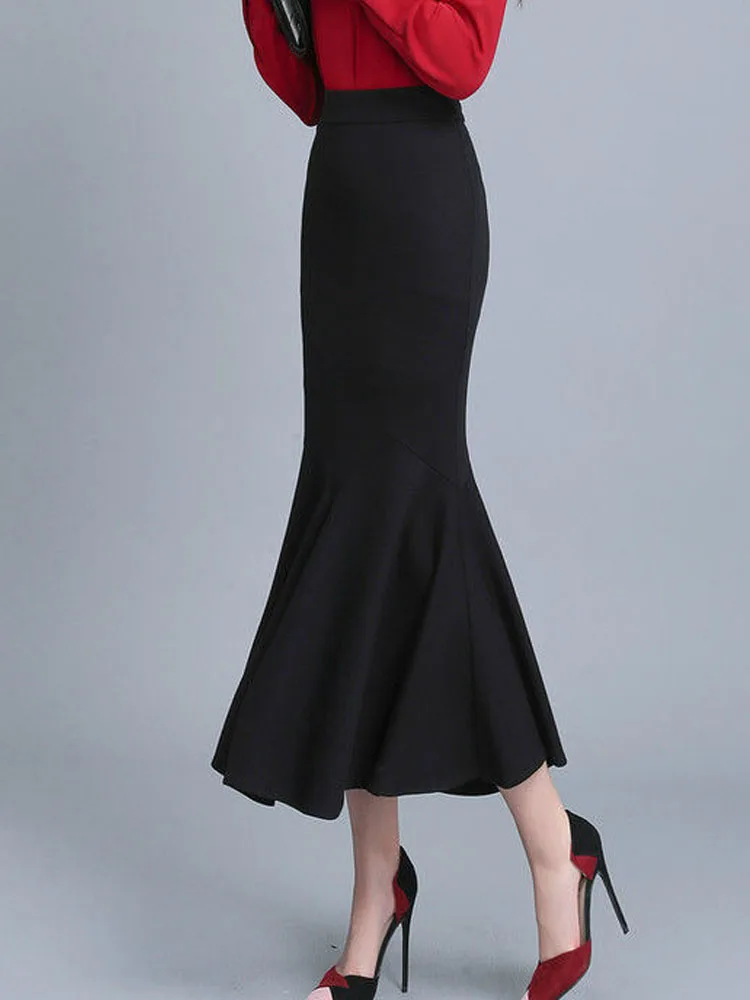 FairyShely 2024 Summer 2025 Mermaid Black Skirt For Women High new Waist Long Skirts Korean Sexy Midi Pleated Office Lady Skirt