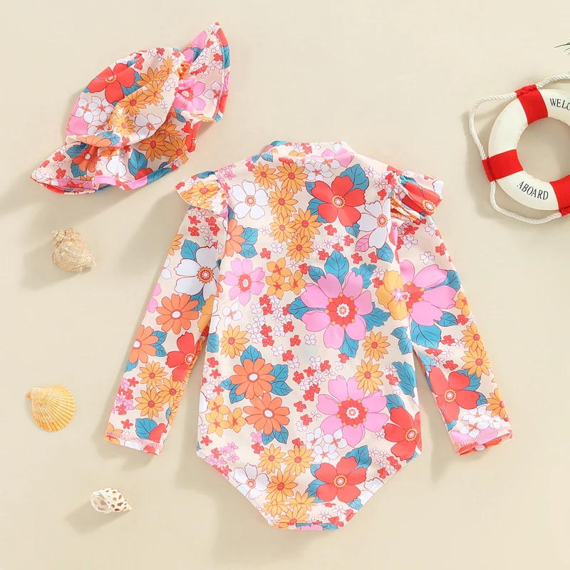 EWODOS 0-3 Years Toddler Baby Girls Summer Swimsuit Kids Swimwear Casual Long Sleeve Floral Print Beachwear Bathing Suit + Hat
