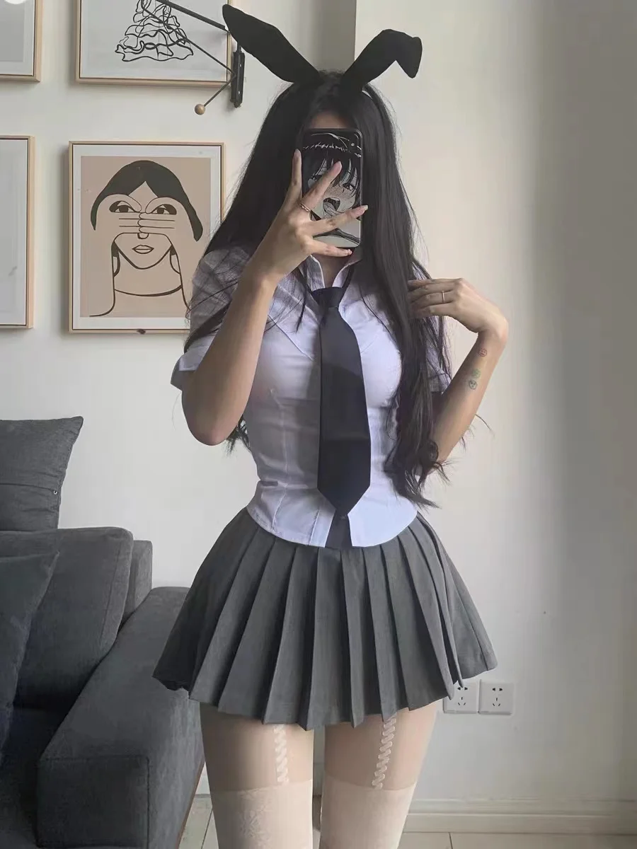 Spicy Girl new Uniform Suit Student Daily Japanese JK Uniform 2025 Set Women Long Sleeved Slim White Shirt Mini Pleated Skirt Summer