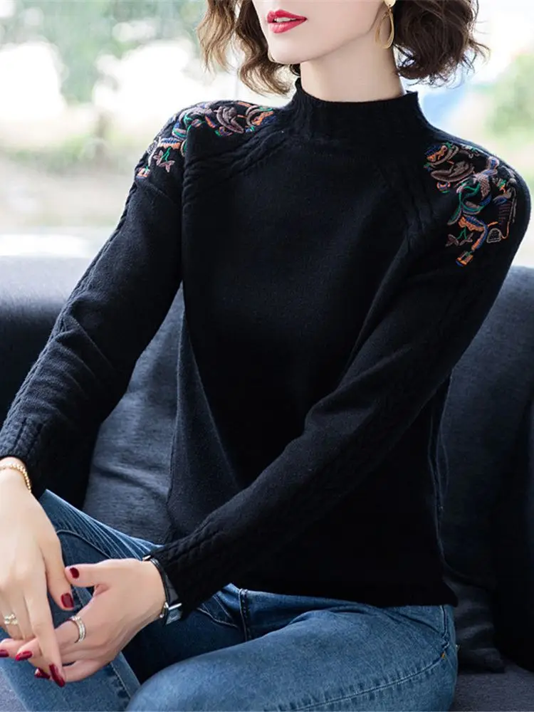 2023 Korean New Autumn Winter Women Slim Turtleneck Sweater High Quality Retro Embroidery Knitted Pullover Basic Sweater ZY7021