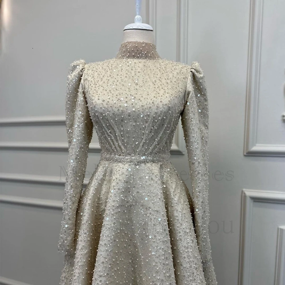 Champagne High Neck 2025 Evening Dresses for Women Full Sleeve Prom Gowns Sequined 2023 Summer A Line Real Picture Vestido new De Noche