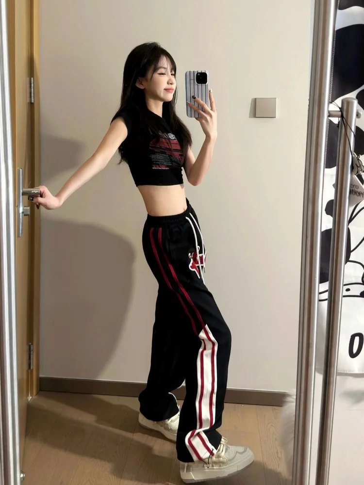HOUZHOU Hippie Vintage Star 2025 new Baggy Pants Women Y2K Retro Streetwear Letter Embroidery Striped Sweatpants Haruku Oversize Jogger